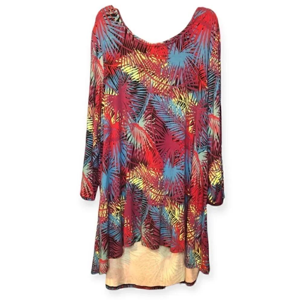 NWT Intro. Stretchy Top Tropical Colors. Palm Leaves Red Yalow Blue Black Sz: 3X